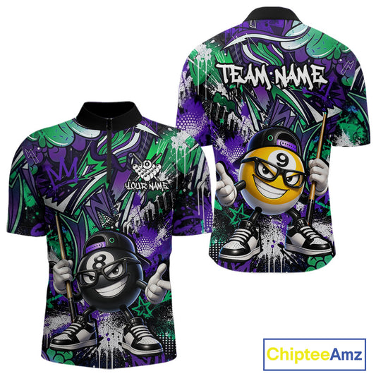 Purple green bowling shirt with cartoon billiard ball design and 'Team Name' text on a white background.