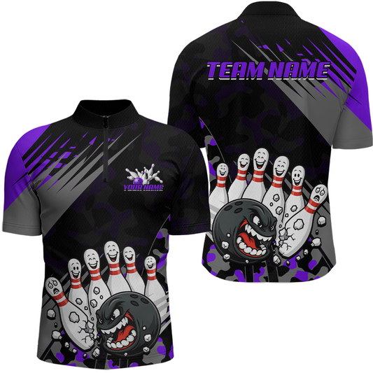Custom Purple Funny Bowling Shirt Crazy Bowling Jersey Men Polo & 1/4 Zip Bowling Outfit QZT785