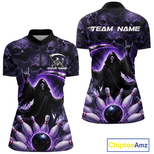 Custom Grim Reaper Bowling Shirt for Women Skull Pattern Bowling Jersey Polo &1/4 Zip QZT978