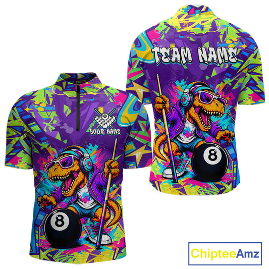 Colorful quarter-zip with a dinosaur design holding a pool ball and stick, featuring 'Team Name' text on a white background.