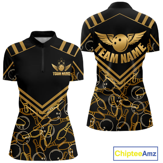 Front and back view custom black gold bowling quarter-zip shirt featuring a golden bowling ball with wings, bowling pins and geometric line design, personalized with team name and player name