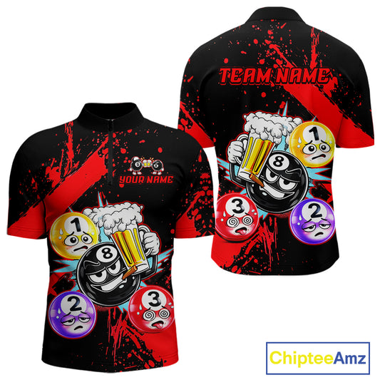 Custom Red Funny 8 Ball Pool Billiard Team Shirts for Men Billiard League Jersey Polo &1/4 Zip BHT2