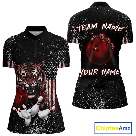 Custom American Flag Bowling Shirt Tiger Bowling Jersey League Polo & 1/4 Zip Bowling for Women QZT835