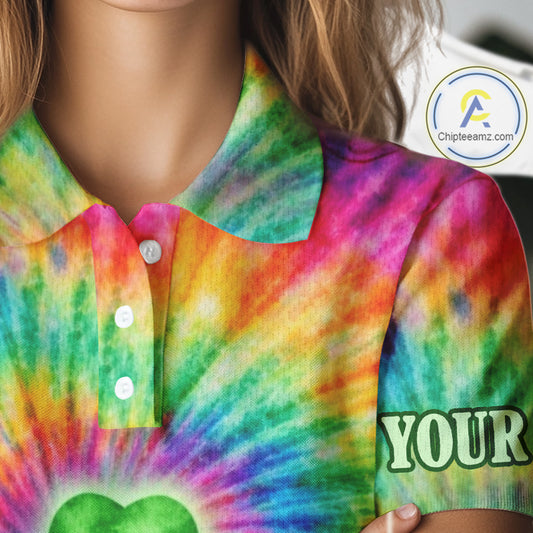 Colorful Tie Dye Womens Golf Polo Shirt Custom Green Clover St Patrick Day Golf Tops, Golf Gifts NHN0170