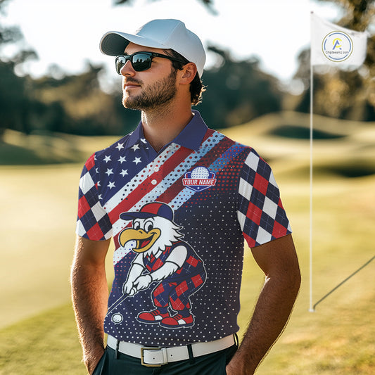 Funny American Flag Eagle Mens Golf Polo Shirts Patriotic Red & Blue Argyle Pattern Golf Ball Custom NHN0044