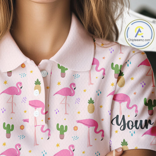 Pink Flamingo Pattern Womens Golf Polo Shirts Custom Funny Desert Cactus Team Ladies Golf Tops, Golf Gift NHN0184