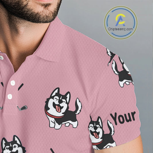 Mens Golf Polo Shirt Custom Funny Husky Pink Pattern Team Golf Tops For Men, Dog Lover Gift NHN0065
