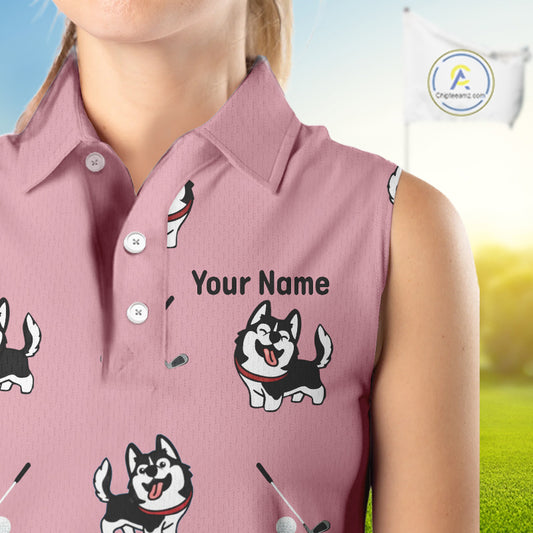 Womens Sleeveless Golf Polo Shirt Custom Funny Husky Pink Pattern Team Ladies Golf Tops, Dog Lover Gift NHN0065
