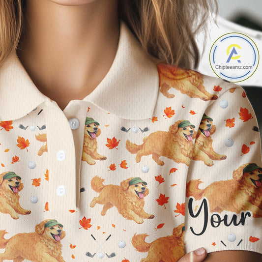 Golden Retriever Womens Golf Polo Shirt Autumn Leaves Pattern Funny Ladies Golf Tops, Dog Lover Gift NHN0224