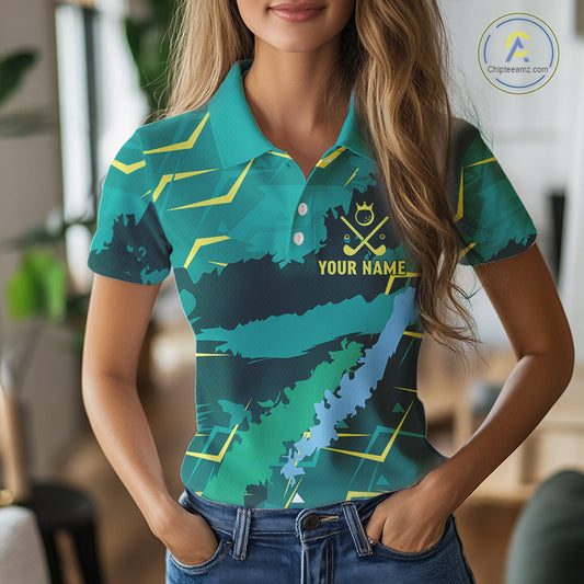 Womens Golf Polo Shirts Green Golf Clubs Custom Name Personalized Team Green Camo Golf Tops NHN0016