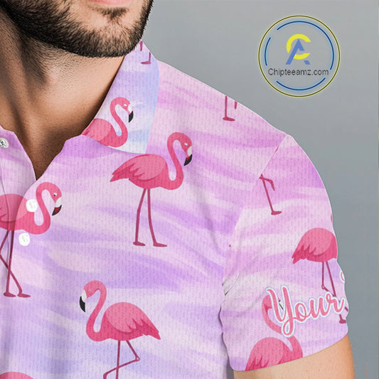 Violet Pastel Mens Golf Polo Shirts Custom Funny Flamingo Pattern Team Golf Tops For Men, Golf Gifts NHN0174