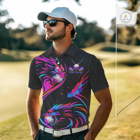 Wolf Mens Golf Polo Shirt Custom Neon Purple Pattern Team Golf Tops, Black Golf Outfit For Men NHN0085