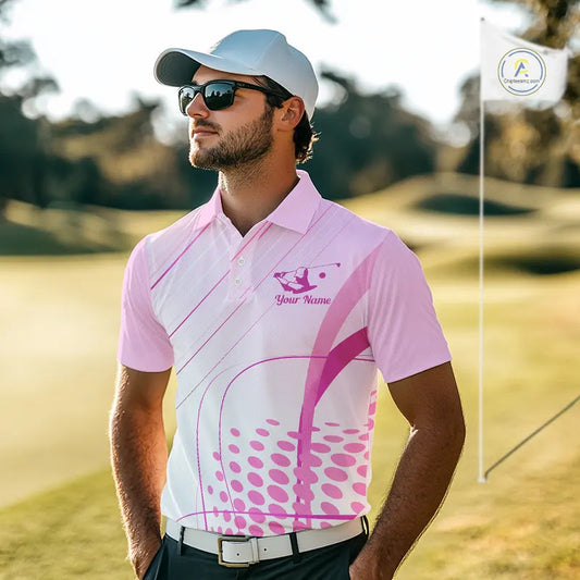 Pink White Mens Golf Polo Shirts Custom Name Golf Shirts For Men Personalized Golf Gifts NHN0015