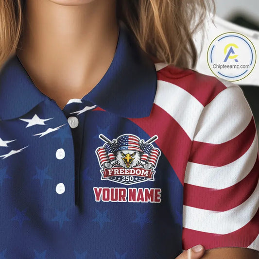 Funny Womens Golf Polo Shirt Custom Name American Flag Polo Shirt, 250 Years Of Freedom Patriotic Gift NHN0173