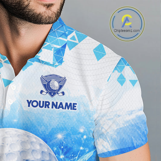 Luxury Blue Mens Golf Polo Shirt Custom Water Splash Pattern With Golf Ball, Team Name Golf Tops NHN0219