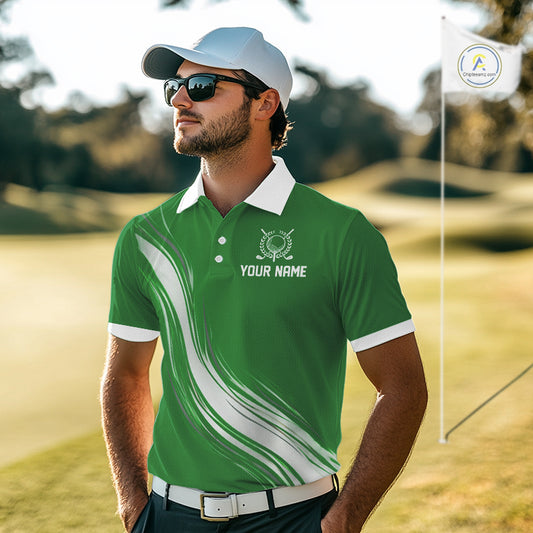 Green And White Mens Golf Polo Shirt Custom Name Golf Shirts For Team Personalized Golf Gifts NHN0095