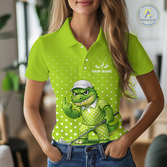 Funny Alligator Golf Polo Shirt For Women Custom Name Green Ladies Golf Apparel Funny Golf Gifts NHN0104
