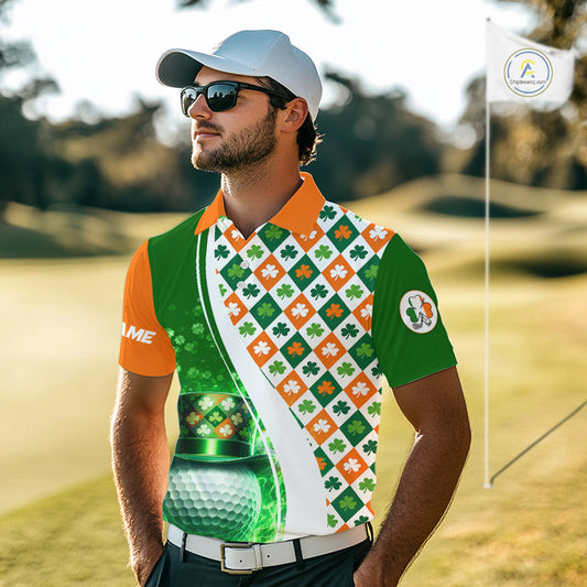 Mens Golf Polo Shirts Custom Green Clover St Patricks Day Plaid Pattern Ireland Flag Flame Golf Ball NHN0142