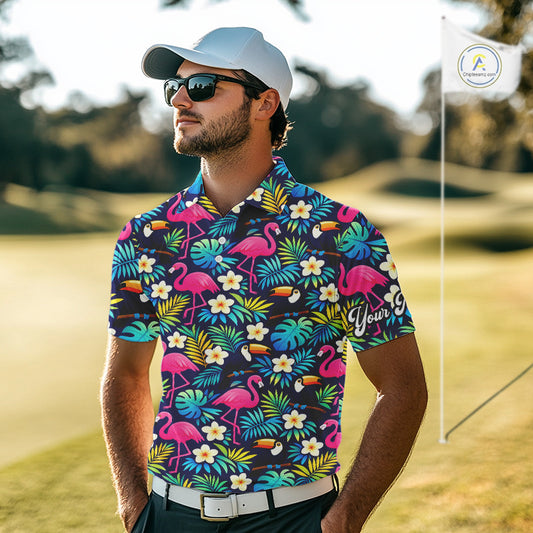 Mens Golf Polo Shirt Flamingo Floral Pattern, Colorful Tropical Leaves Custom Team Golf Shirt NHN0194