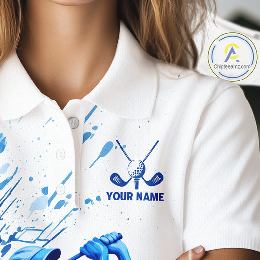 Golf Polo Shirts, Womens Golf Polo Shirts Blue Painting Golfer Custom Name Team Golf Shirt, Golf Gifts NHN0090