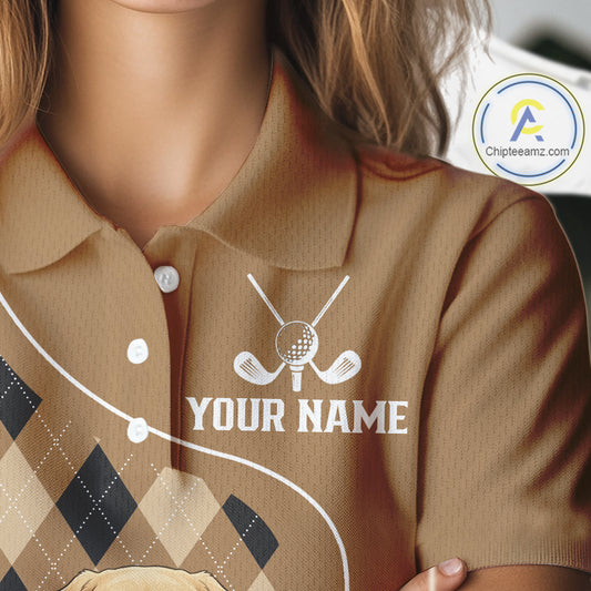 Funny Golden Retriever Womens Golf Polo Shirt Custom Argyle Plaid Pattern Team Golf Tops, Dog Lover NHN0197