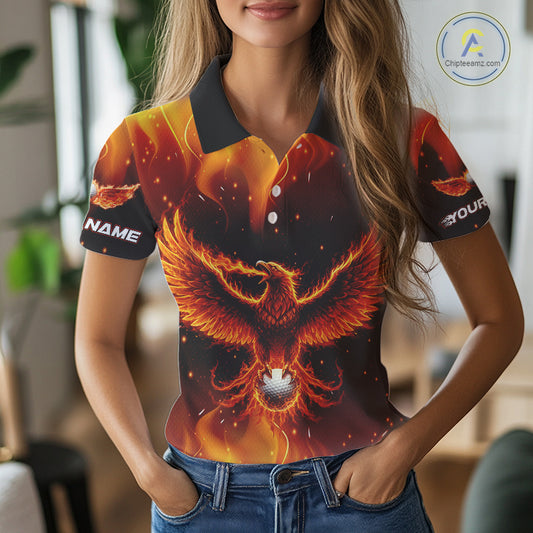 Womens Golf Polo Shirt Custom Phoenix Red Flame Team Golf Tops, White Golf Outfit For Women NHN0077