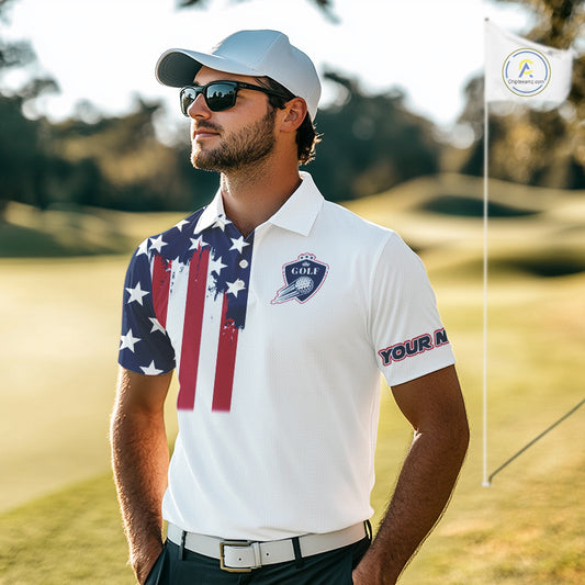 American Flag Mens Golf Polo Shirt Custom Red, White And Blue Team Golf Jersey, Patriotic Golf Shirts NHN0118