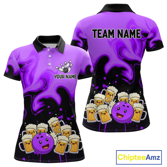 Funny Beer Bowling Shirts Purple for Women Men Bowling Polo&1/4 Zip Bowling League MBL252