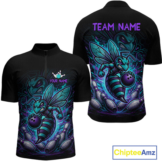 Front and back views of a black bowling quarter zip with teal and purple bee graphics, custom team text, bowling pins, and a purple bowling ball.