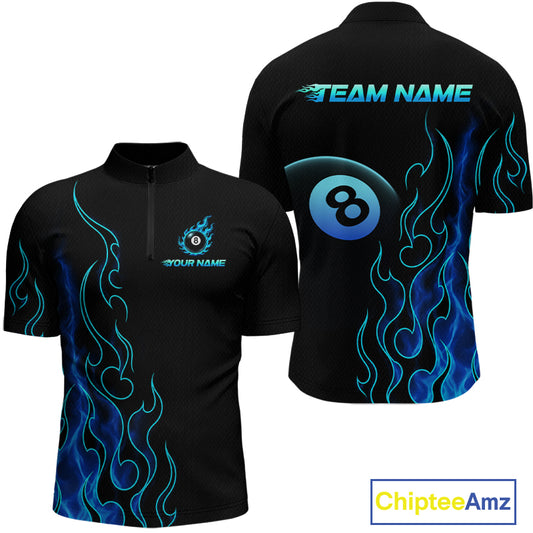 Front and back billiards quarter zip shirt featuring an eight ball design surrounded by flowing blue flame graphics on a black background.