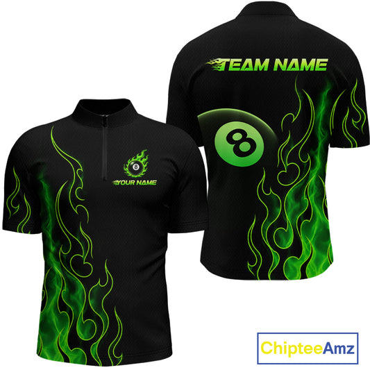 Front and back billiards quarter zip shirt featuring an eight ball design surrounded by flowing green flame graphics on a black background.