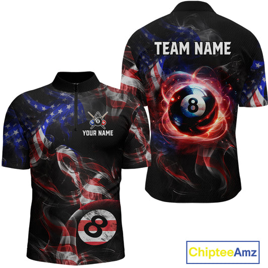 Front and back view personalized billiards quarter zip shirt with an eight ball design connected by american flag smoke patterns across a black layout.