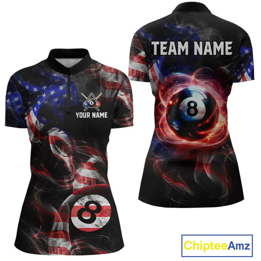 Front and back view personalized billiards quarter zip shirt with an eight ball design connected by american flag smoke patterns across a black layout.