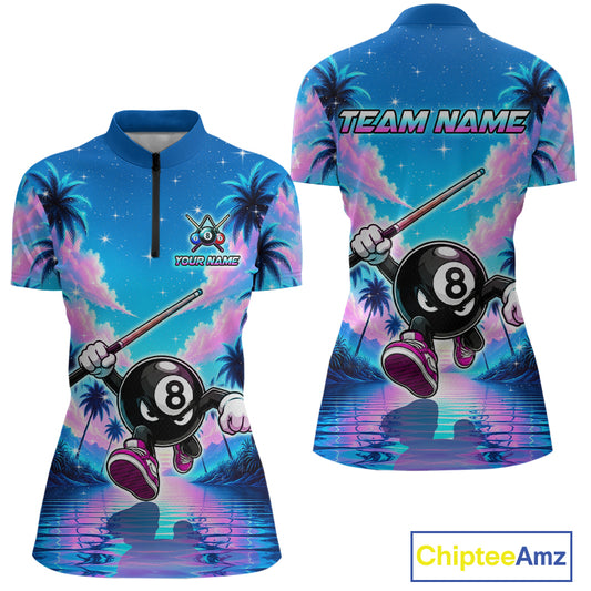Front and back view personalized billiards quarter zip shirt with an eight ball character moving through a tropical scene with palm trees and sunset reflections.