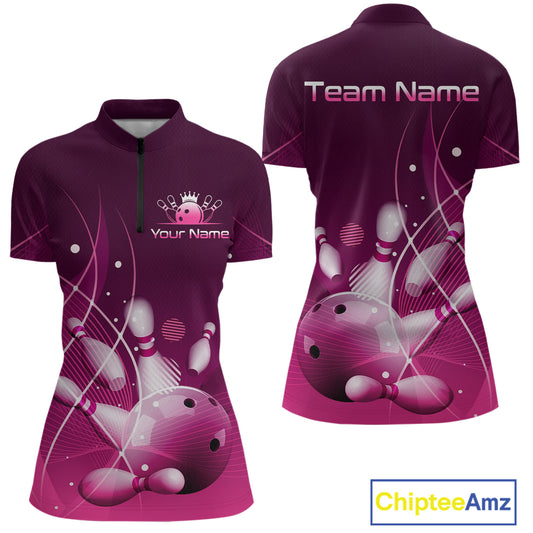 Custom Pink Bowling Jersey for Women Bowling Uniform Bowling Team Shirts Polo & 1/4 Zip HNT168