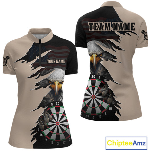 Front and back views of a beige and black darts quarter zip featuring a bald eagle, torn-flag graphics, dartboard designs, and custom team text.