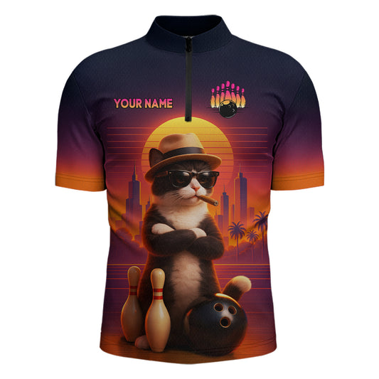 Custom Funny Cat Bowling Jersey for Men Bowling League Bowling Team Shirts Polo & 1/4 Zip HNT197