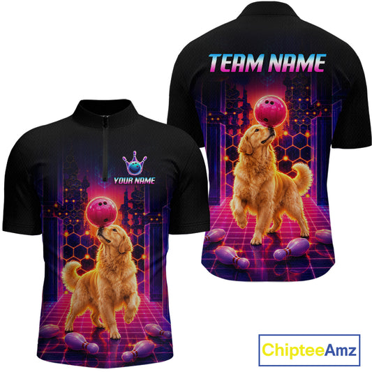Men’s retro Golden Retriever Dog neon synthwave bowling polo shirt, back view on white background.