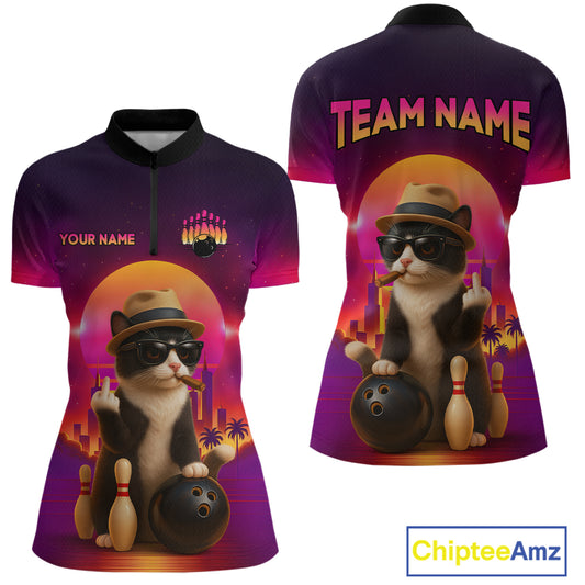 Custom Funny Cat Bowling Jersey for Women Bowling League Polo & 1/4 Zip Bowling Team Shirts HNT142