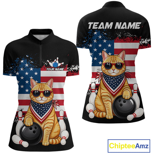 Custom us flag cat bowling jersey for women, personalized team bowling quarter zip shirt front view and back view