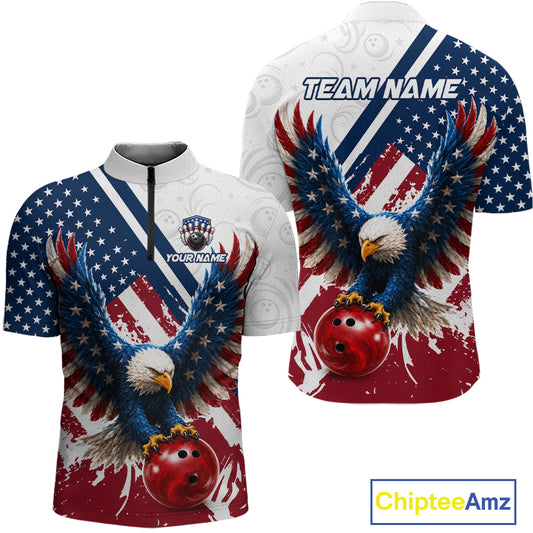 Custom bowling t-shirt shown from both front and back views. The design features a bald eagle with spread wings over a red bowling ball, set against a distressed American flag pattern with white stars on blue and red and white stripes.