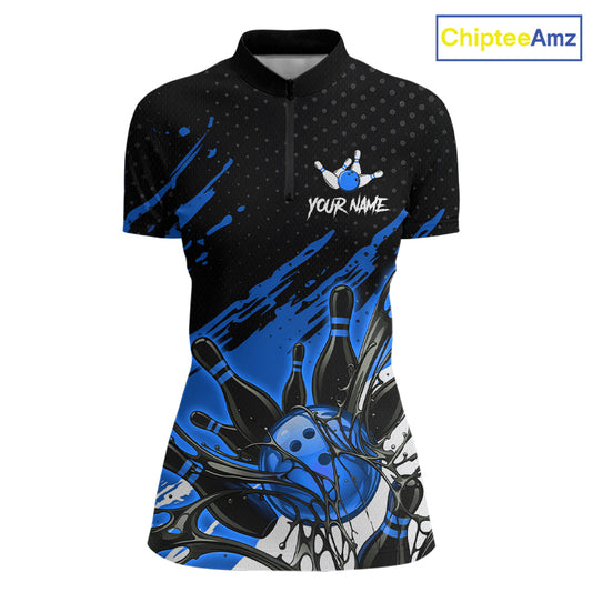 Custom Blue Bowling Jerseys For Women, Personalized Bowling Team Shirts Bowling Pin And Ball HNT283