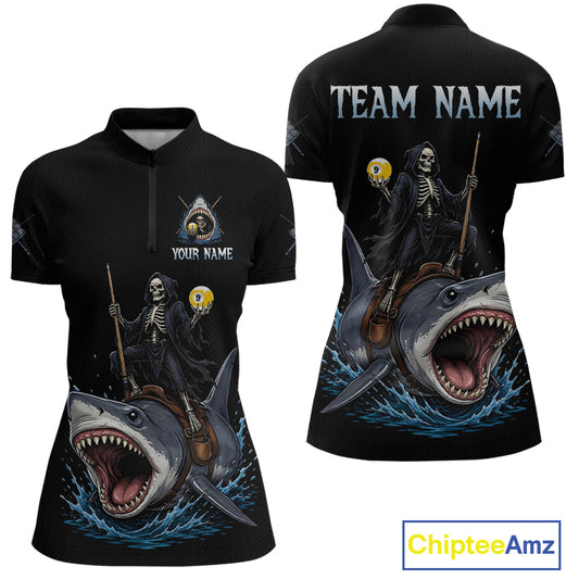Black polo shirt with skeleton riding a shark design on front and back, customizable text.