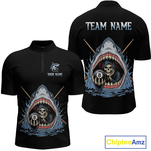 Black polo shirt with shark and skeleton design on front and back, customizable text.