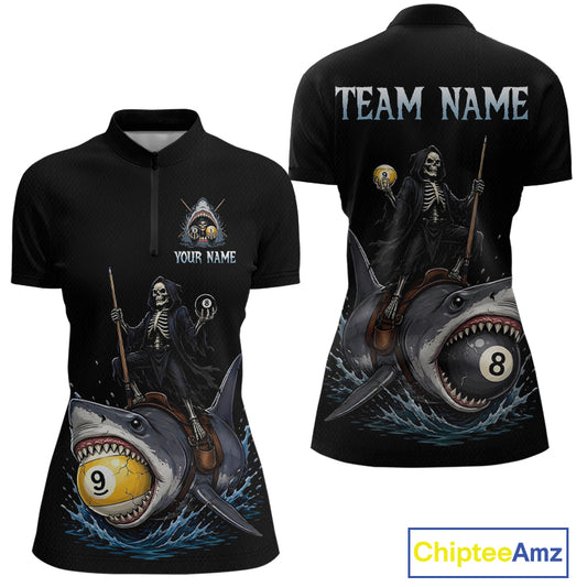 Black polo shirt with skeleton design and pool ball elements on a shark, customizable text on front and back.