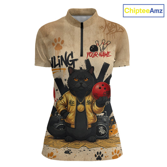 Custom Black Cat Bowling Jersey for Women Funny Cat Bowling League Bowling Team Shirts HN290
