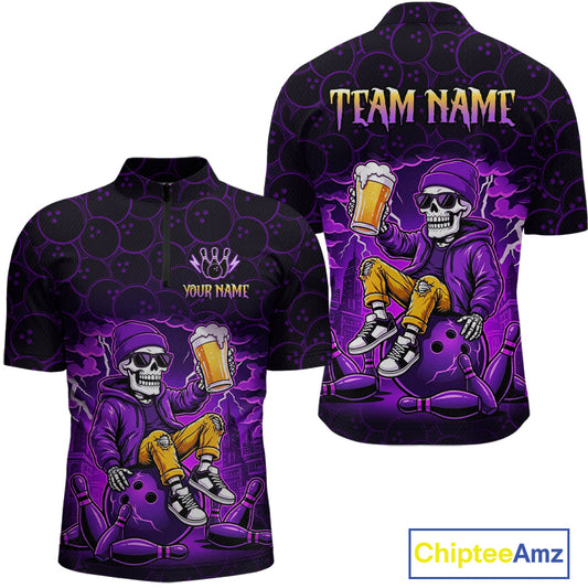Custom Purple Funny Beer Skull Bowling Shirt for Men Bowling Team Jersey Bowling League HNT297