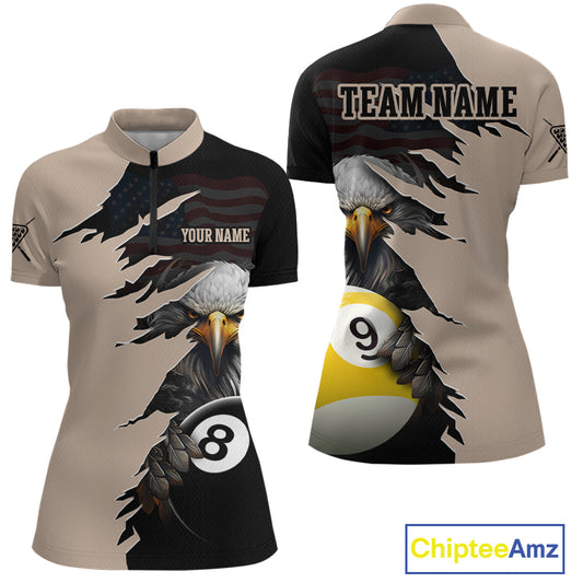 Front and back views of a beige and black billiards polo shirt featuring a fierce bald eagle emerging through a torn-rip graphic, with custom “TEAM NAME” and “YOUR NAME” text areas and 8-ball and 9-ball designs.