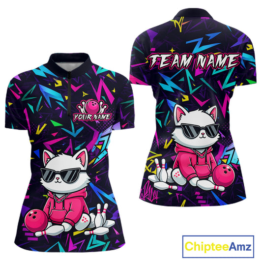 Front and back views of a black bowling quarter zip with neon geometric patterns, custom team text, and a white cat mascot in sunglasses holding a pink bowling ball.
