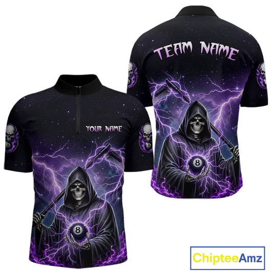 Front and back views of a black billiards quarter zip with purple lightning, a hooded grim reaper holding an 8-ball, and custom team and player name text.